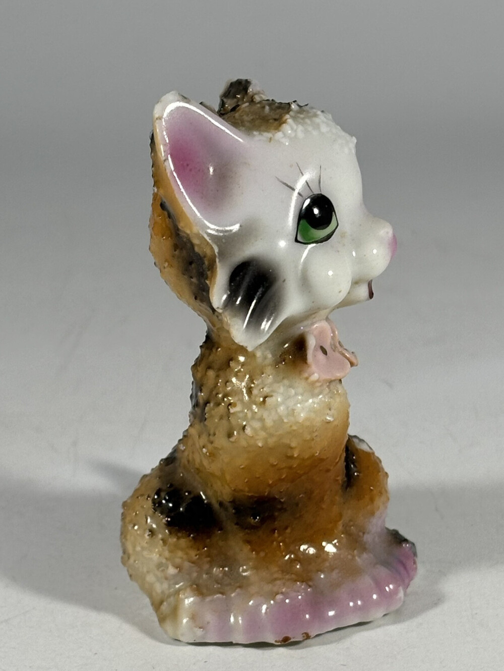 Vintage Striped Tabby Cat Kitten Spaghetti Figurine Green eyes Japan 2.5” - Picture 2 of 5